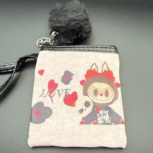Cute Cartoon Character Pouch Wristlet with Fuzzy Pom Pom